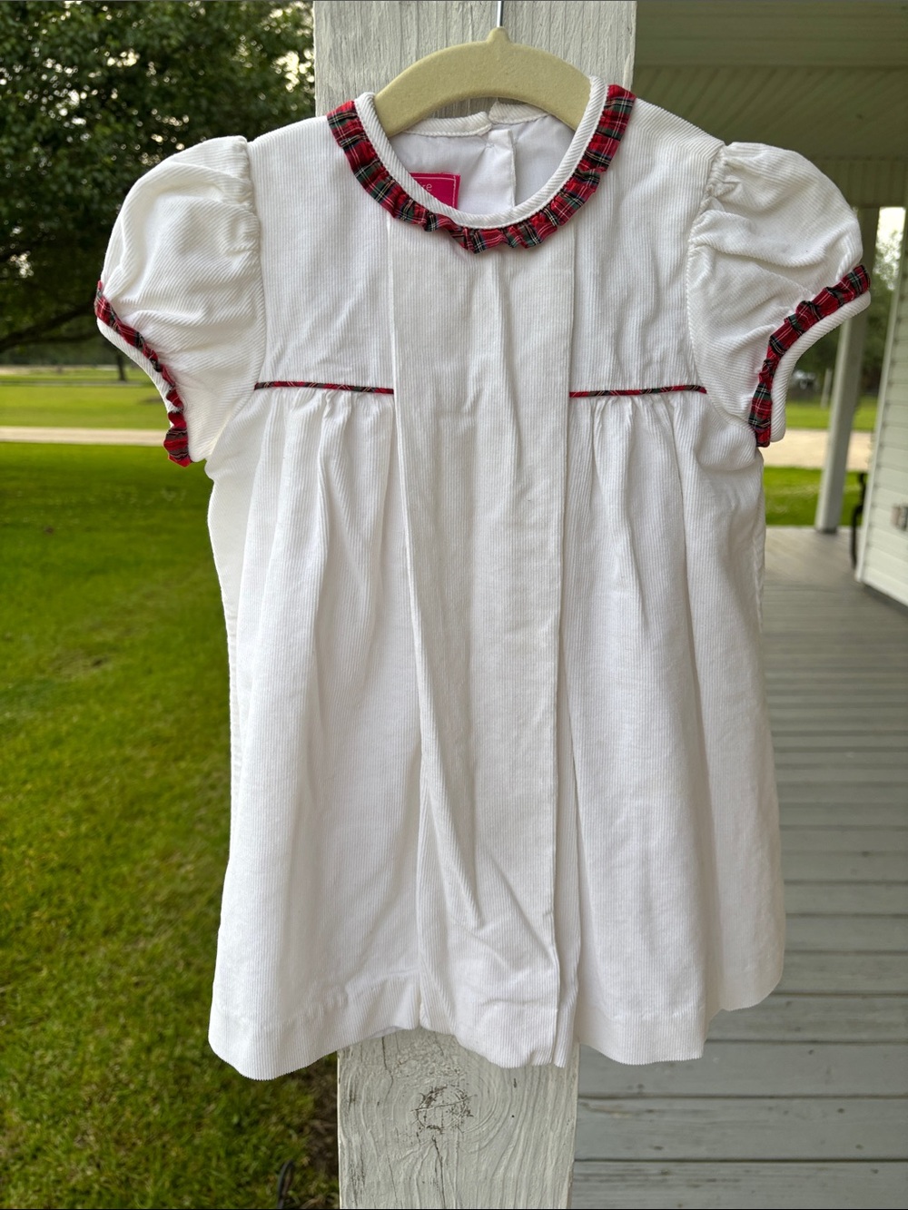 White Girls' Formal Dress with Red Tartan Trim